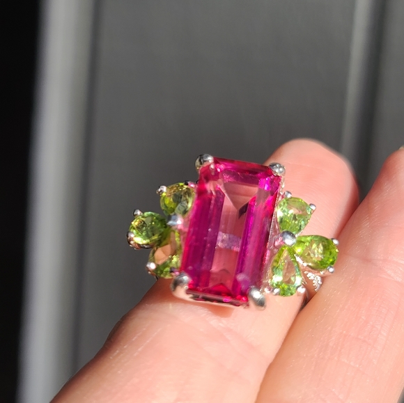 Pink Topaz massive 8k emerald cut with pear shape Peridot sterling ring sz 8 - Picture 15 of 17